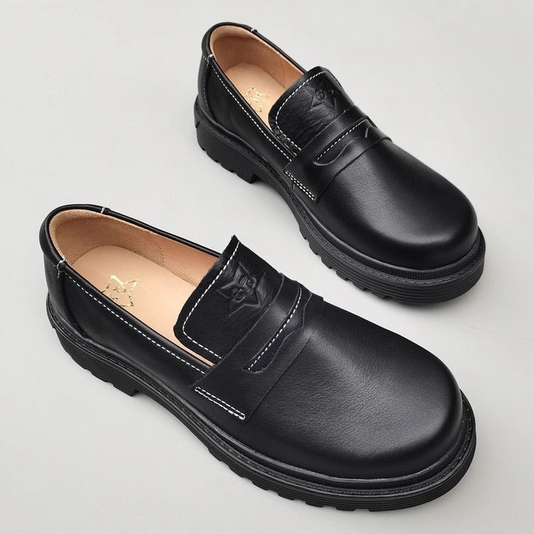 Women's Leather Mid Heel Chunky Loafers – Japanese Style & Non-Slip Sole