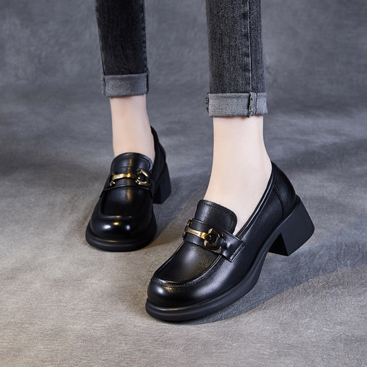 Women's Genuine Leather Loafers – Mid Heel Slip-On Shoes with Metal Accent
