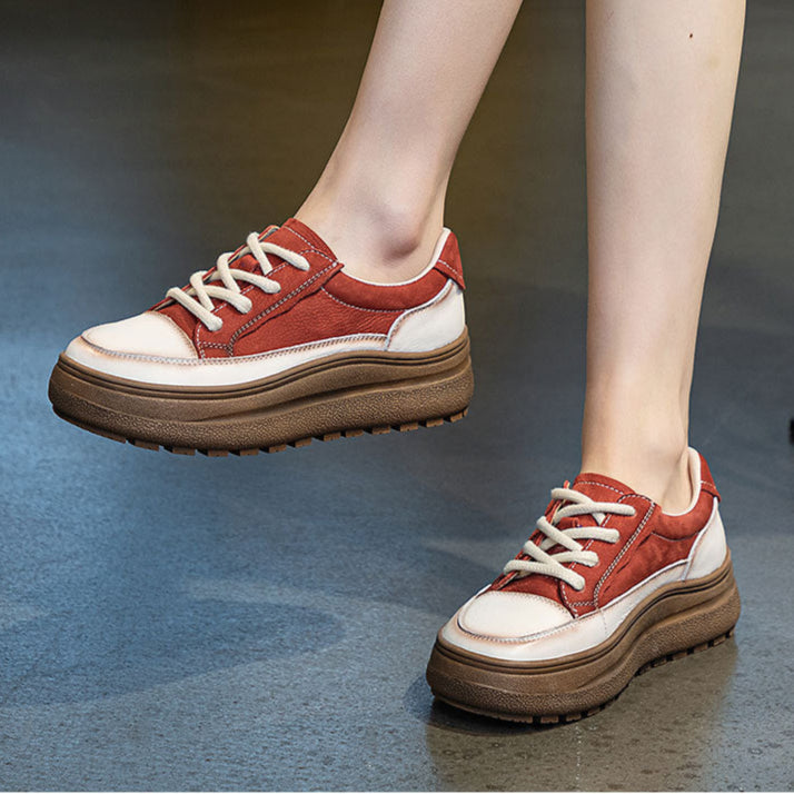 Women's Leather Lace-up Casual Platform Walking Shoes Tennis Shoes