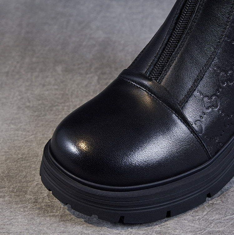 Women's Mid-Calf Embossed Genuine Leather Boots – Buckle Detail Chunky Heel Platform