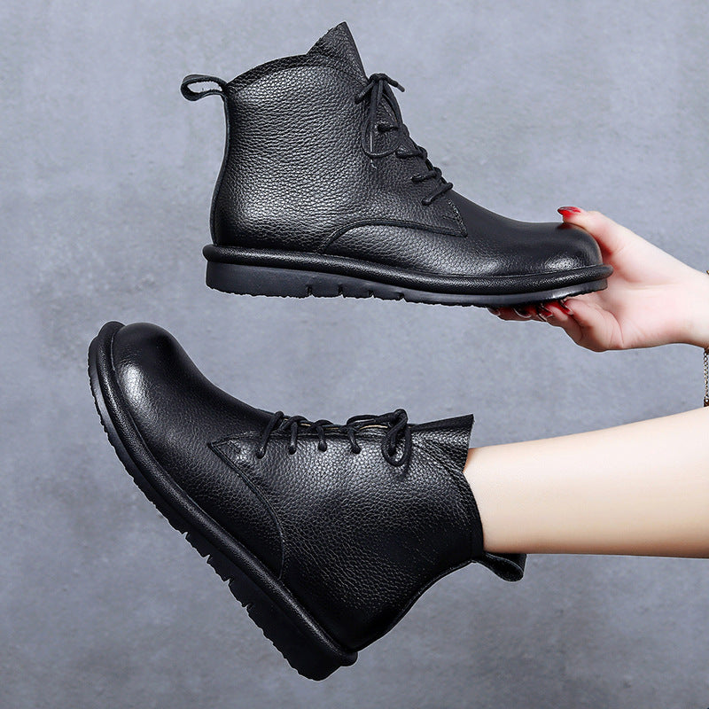 Women's Retro Leather Ankle Boots – Flat Sole, Lace-Up & Zipper