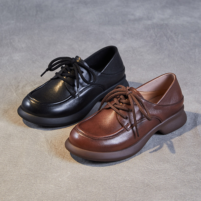 Women's Leather Comfortable Casual Chunky Heel Lace-Up Shoes