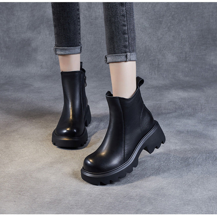 Women's Leather Ankle Boots – Platform Chunky Mid Heel with Side Zipper