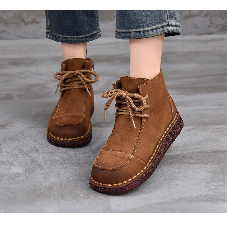 Women's Vintage Leather Ankle Boots – Soft Flat Lace-Up Zipper Short Shoes