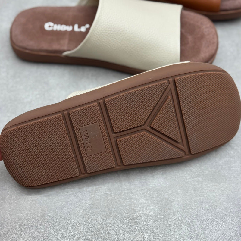 Women's Minimalist Pebbled Leather Mules - Luxury Raw-Cut Summer Slides