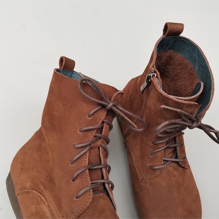 Women's Handmade Vintage Leather Lace-Up Flat Boots – Soft Sole, Breathable & Comfortable