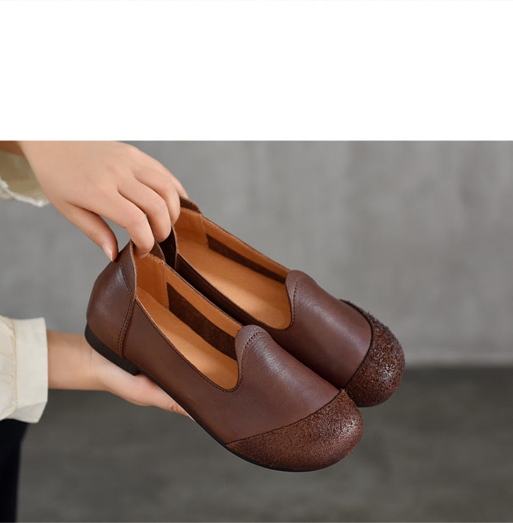 Handmade Leather Vintage Round Toe Patchwork Ballet Flat Shoes Women's Shoes