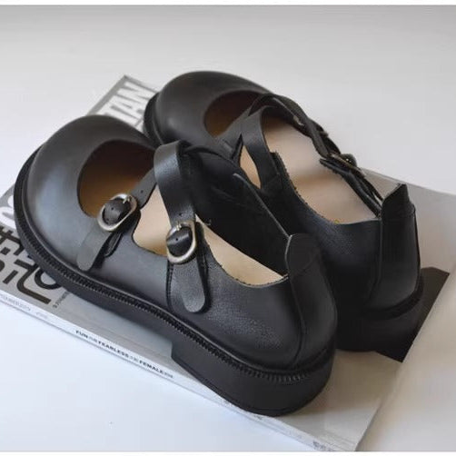 Women's Wide Fit Mary Jane Leather Flats – Handmade with Buckle Strap – Comfort Shoes