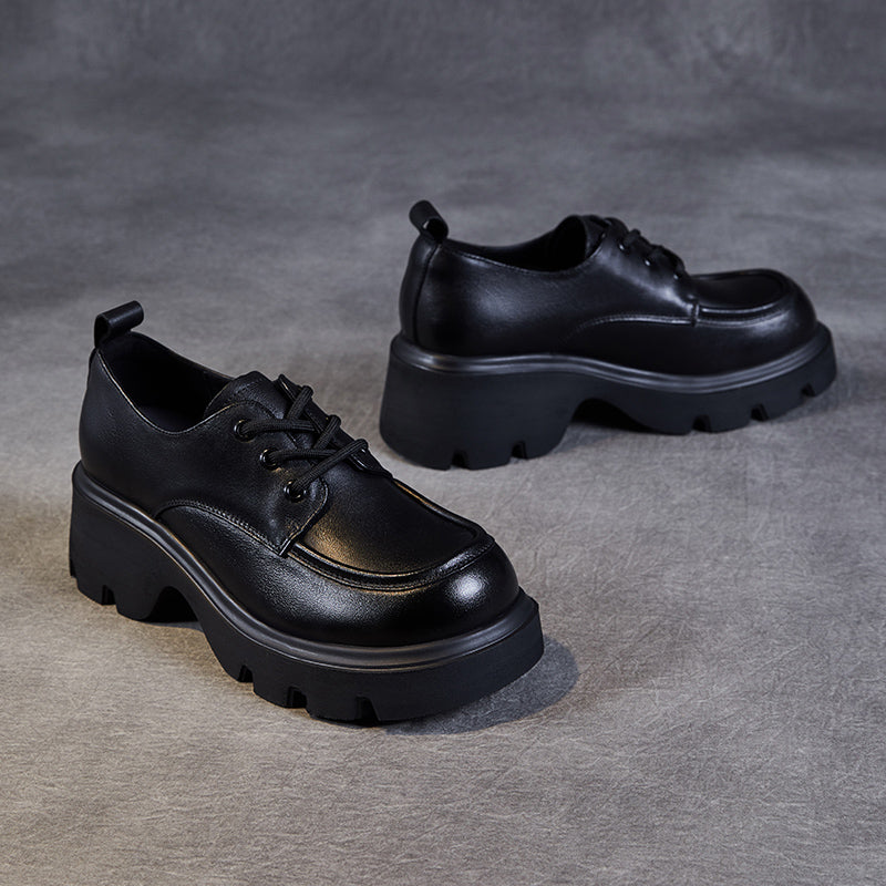 Women's Leather Chunky Heel Lace-Up Oxfords