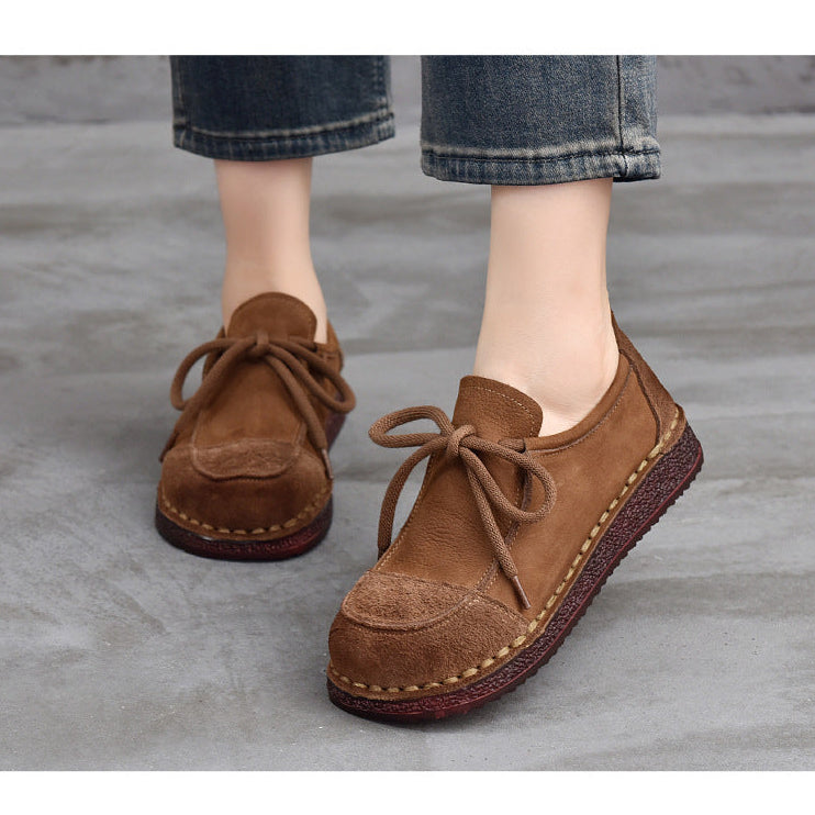 Women's Leather Lace-Up Flat Shoes – Comfortable Patchwork Casual Style