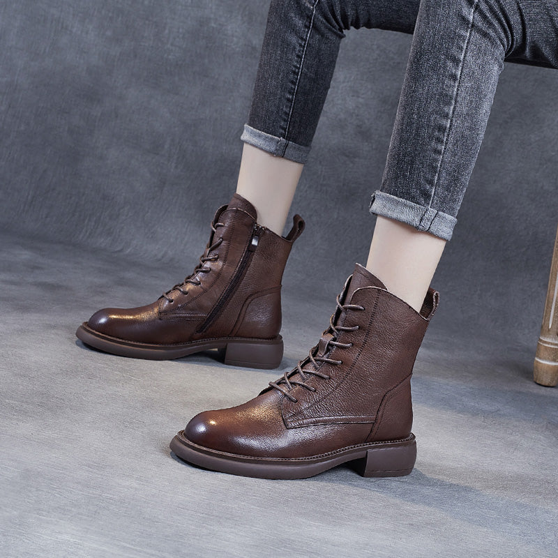 Women's Leather Vintage Zipper Lace Up Block Heel Ankle Boots