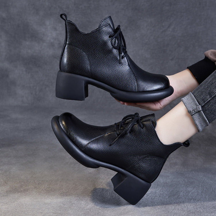 Women's Casual Lace-Up Ankle Boots – Round Toe Block Heel with Side Zipper