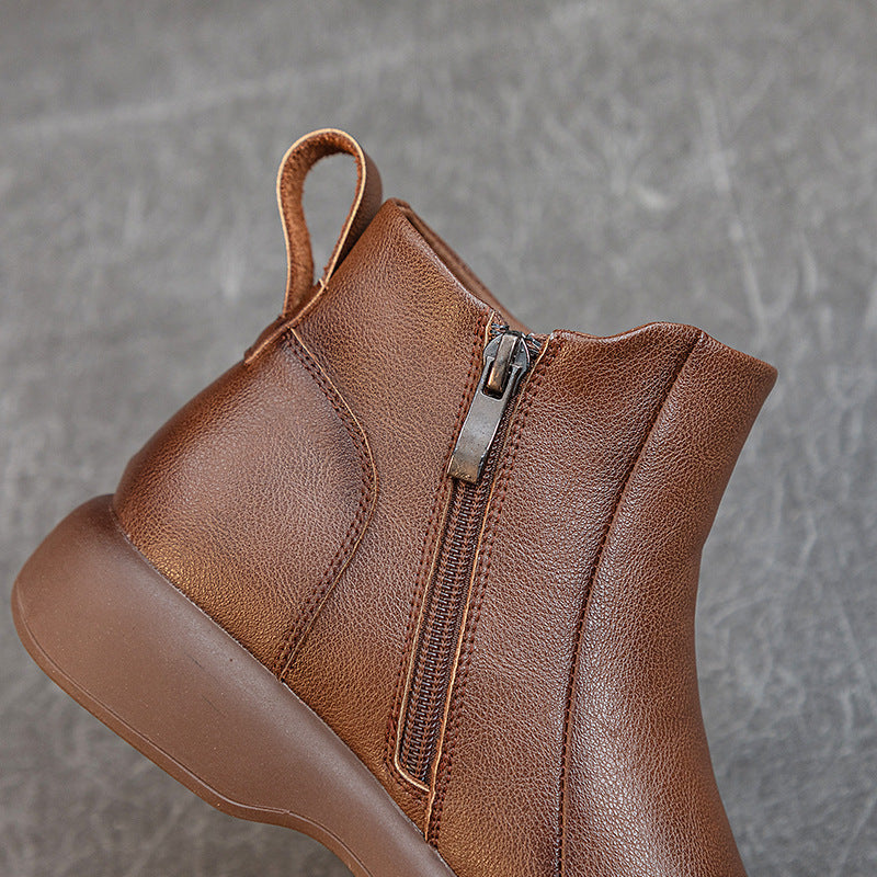 Women's Comfortable Leather Ankle Boots – Low Heel with Side Zipper