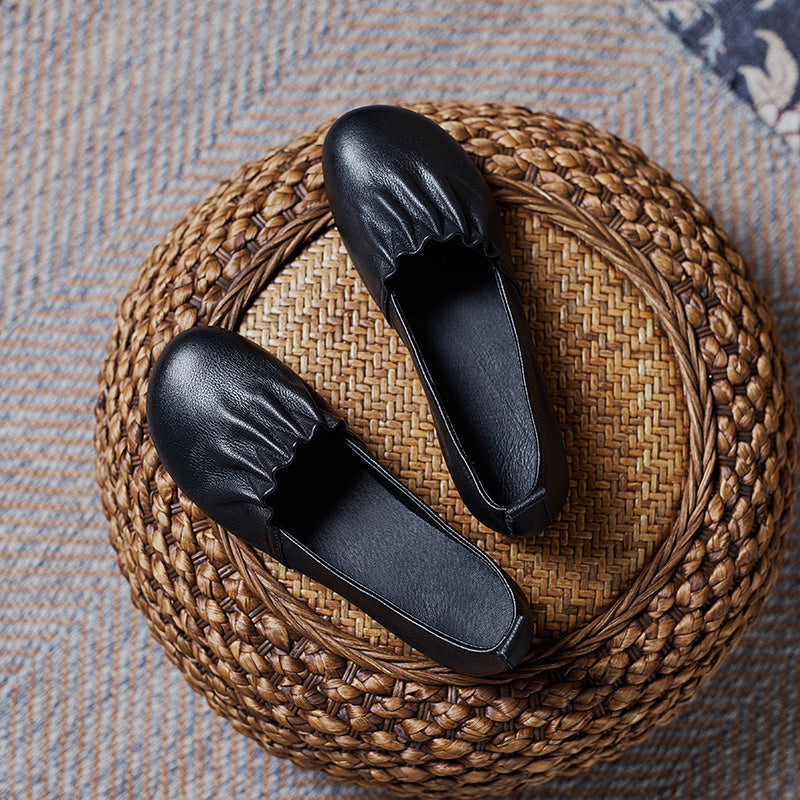 Women's Soft Leather Pleated Daily Slip-On Walking Flats