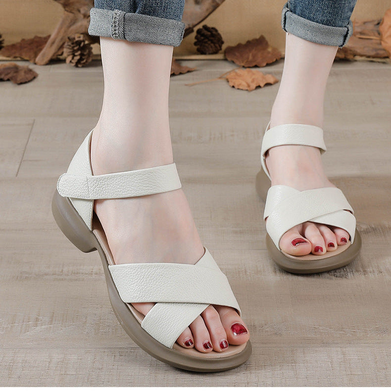Women's Leather Classic Open Toe Mid Heel Chunky Sandals