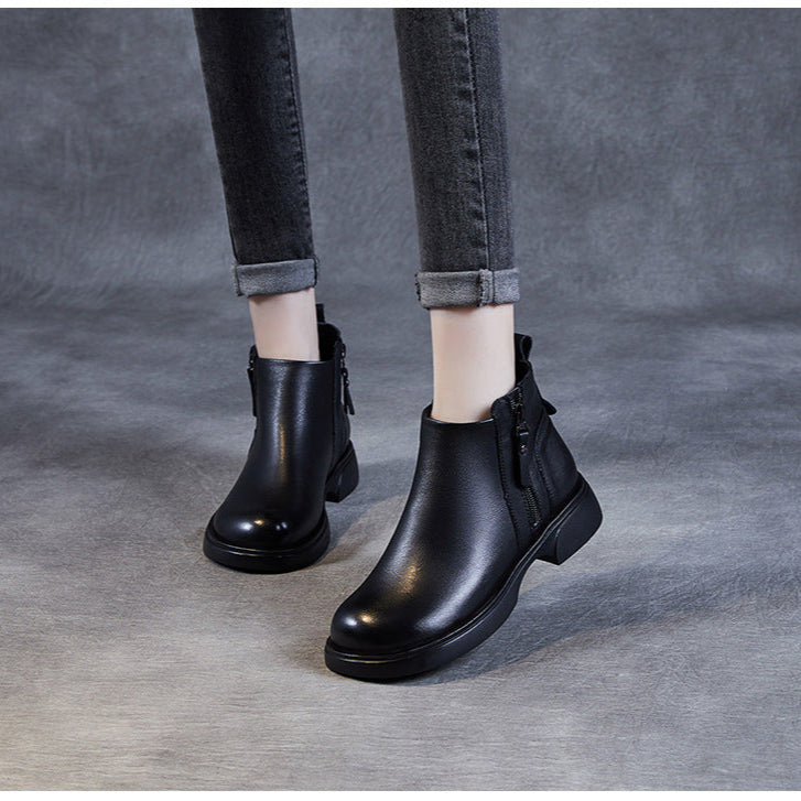 Women's Genuine Leather Casual Ankle Boots – Comfortable Double Zipper Design