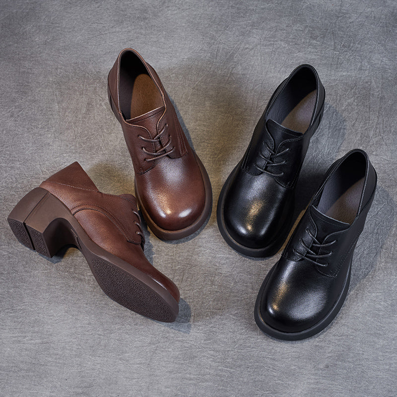 Women's Leather Retro Lace-up Block Heel Oxford Shoes