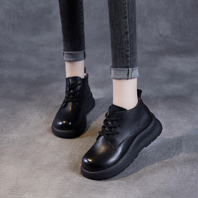 Women's Leather Lace-Up Platform High-Top Shoes – Casual & Comfortable