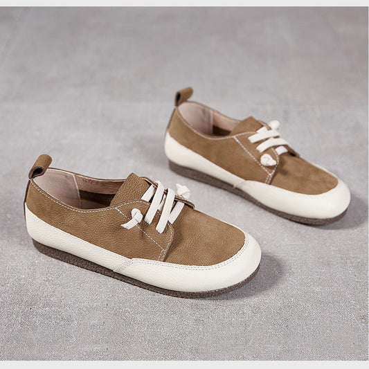 Women's Leather Patchwork Flat Casual Lace-Up Tennis Walking Shoes
