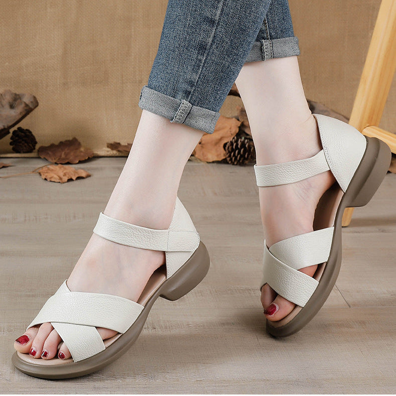 Women's Leather Classic Open Toe Mid Heel Chunky Sandals
