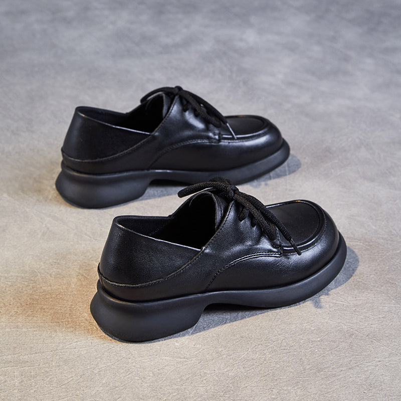 Women's Leather Comfortable Casual Chunky Heel Lace-Up Shoes