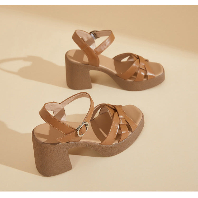Women's Leather Summer Chunky Block Heel Ankle Buckle Sandals