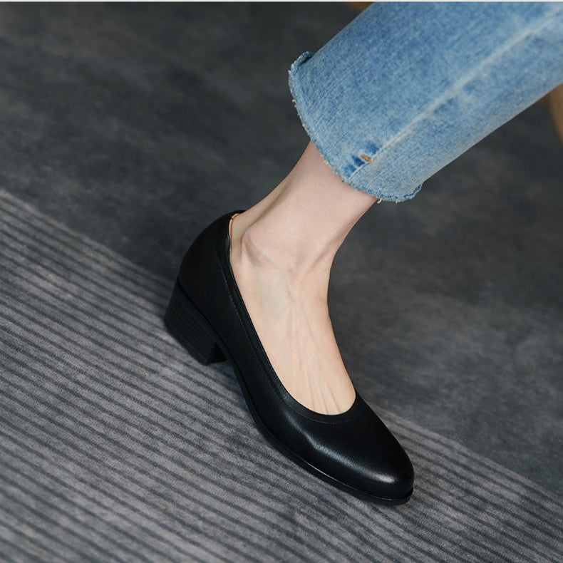 Women's Black Leather Pumps - Low Heel for Office & Business