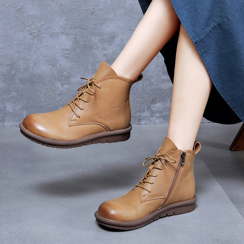 Women's Retro Leather Ankle Boots – Flat Sole, Lace-Up & Zipper