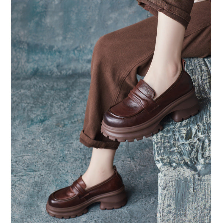 Womens Genuine Leather Heeled Platform Casual Loafers