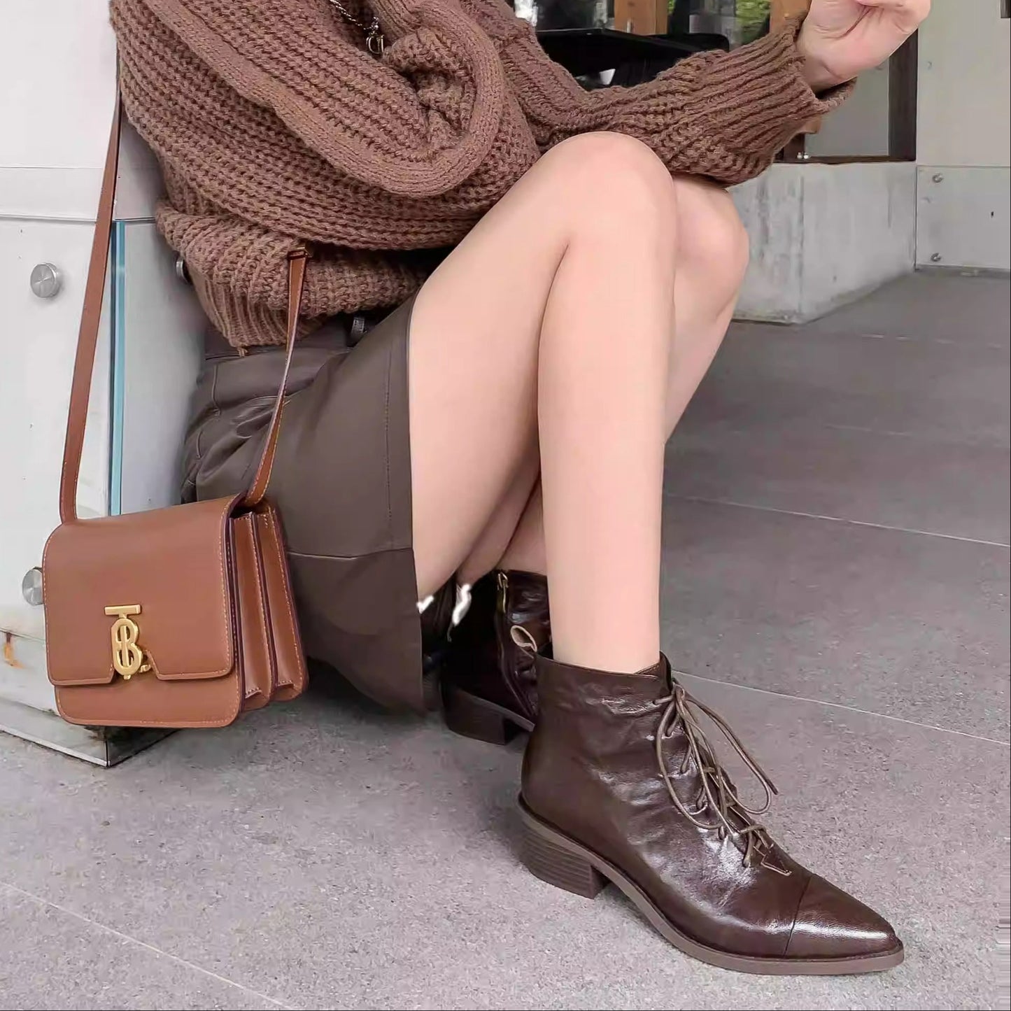 Women's Leather Lace-Up Ankle Boots – Pointed Toe & Block Heel