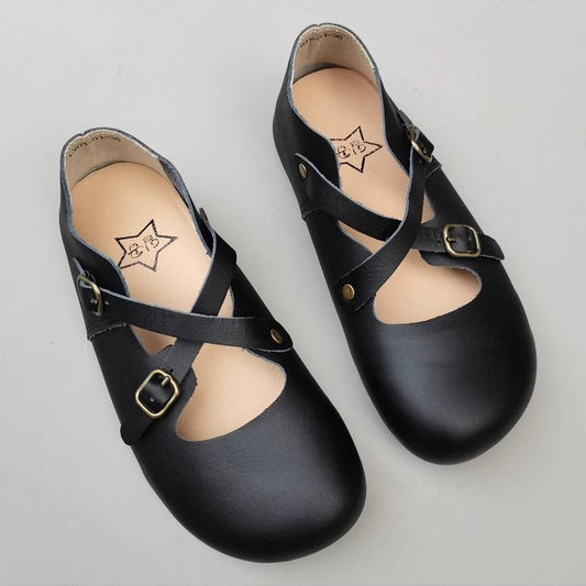 Women's Vintage Handmade Leather Shoes – Cross Strap, Buckle & Soft Sole