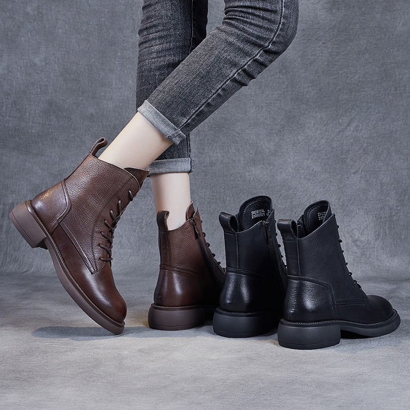 Women's Leather Vintage Zipper Lace Up Block Heel Ankle Boots