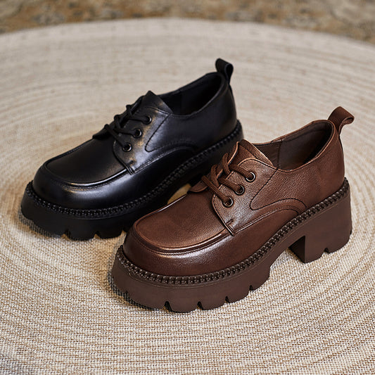 Women's Leather Platform Casual Lace-Up Oxfords