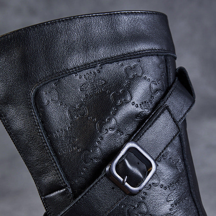 Women's Mid-Calf Embossed Genuine Leather Boots – Buckle Detail Chunky Heel Platform