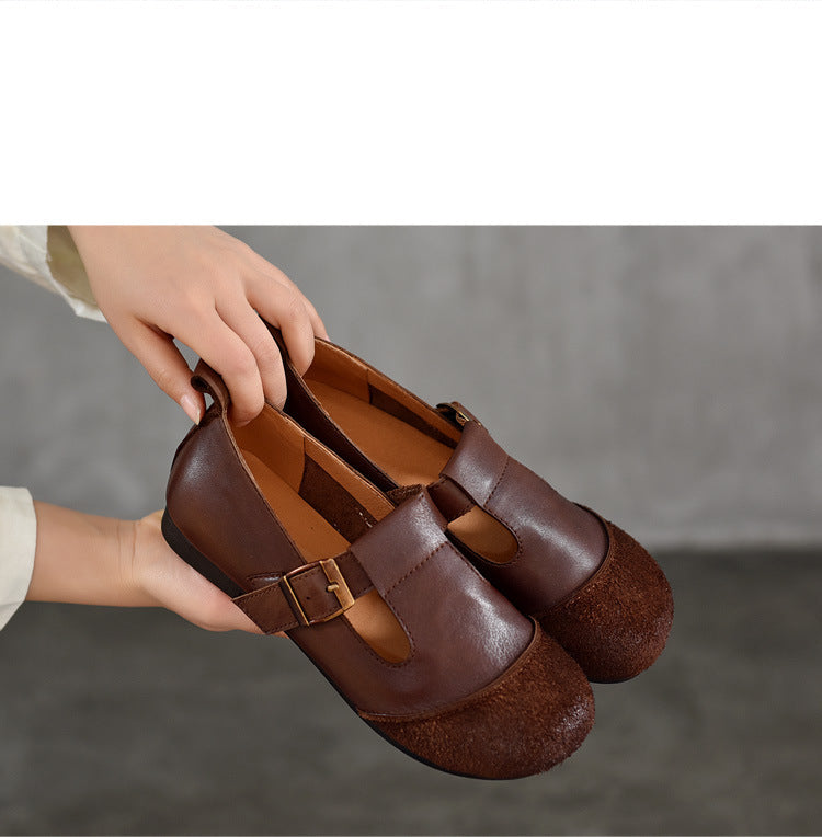 Vintage Handmade Leather Round Toe T Buckle Mary Jane Women's Shoes