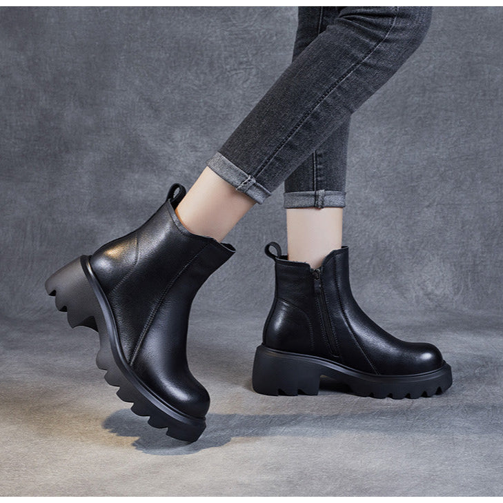Women's Leather Ankle Boots – Platform Chunky Mid Heel with Side Zipper