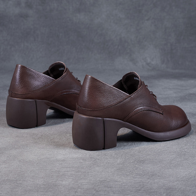 Women's Leather Retro Lace-up Block Heel Oxford Shoes