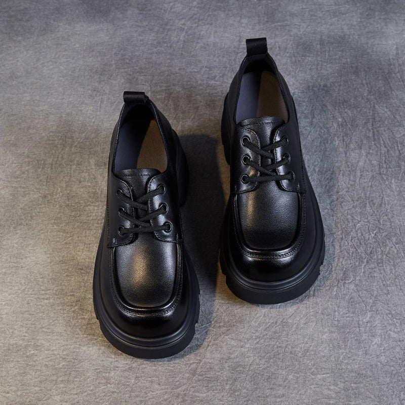 Women's Leather Chunky Heel Lace-Up Oxfords