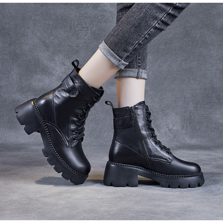 Women's Genuine Leather Combat Boots – Platform Chunky Heel with Side Zipper