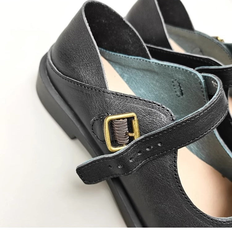 Women's Wide Toe Box Genuine Leather Mary Jane Flats – Buckle, Round Toe Shoes