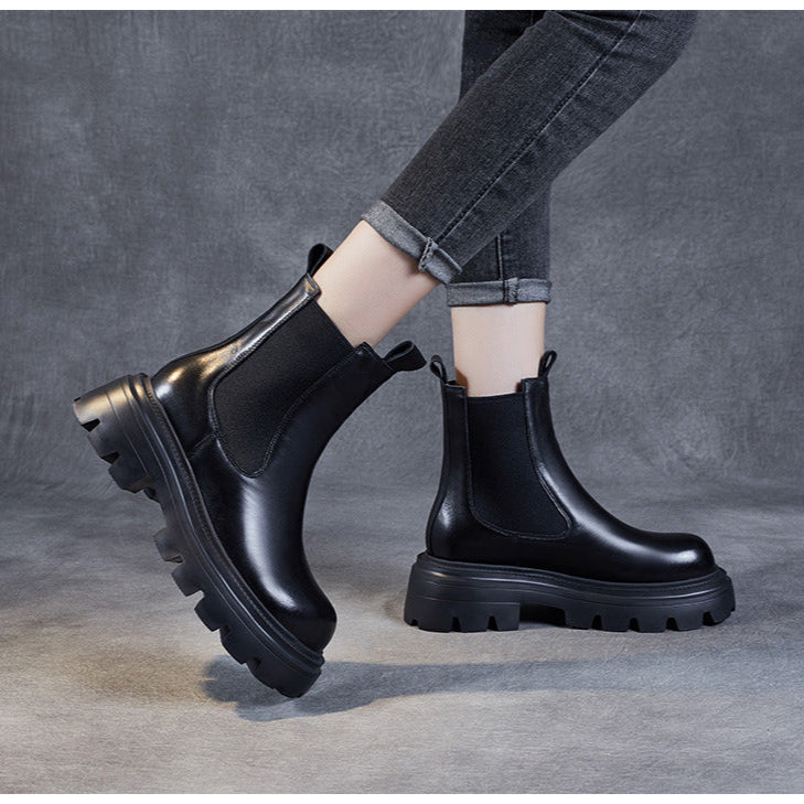Women's Retro Genuine Leather Chelsea Boots – Chunky Platform Sole Ankle Boots