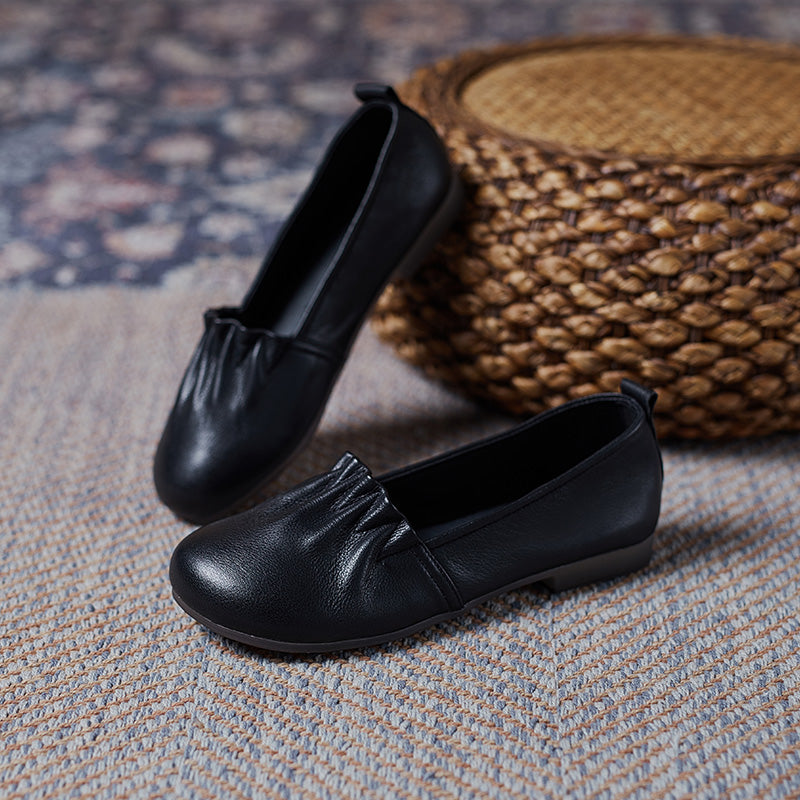 Women's Soft Leather Pleated Daily Slip-On Walking Flats