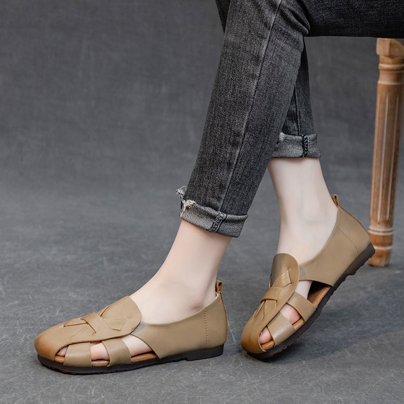 Women's Leather Summer Woven Hollow Out Flat Breathable Sandals