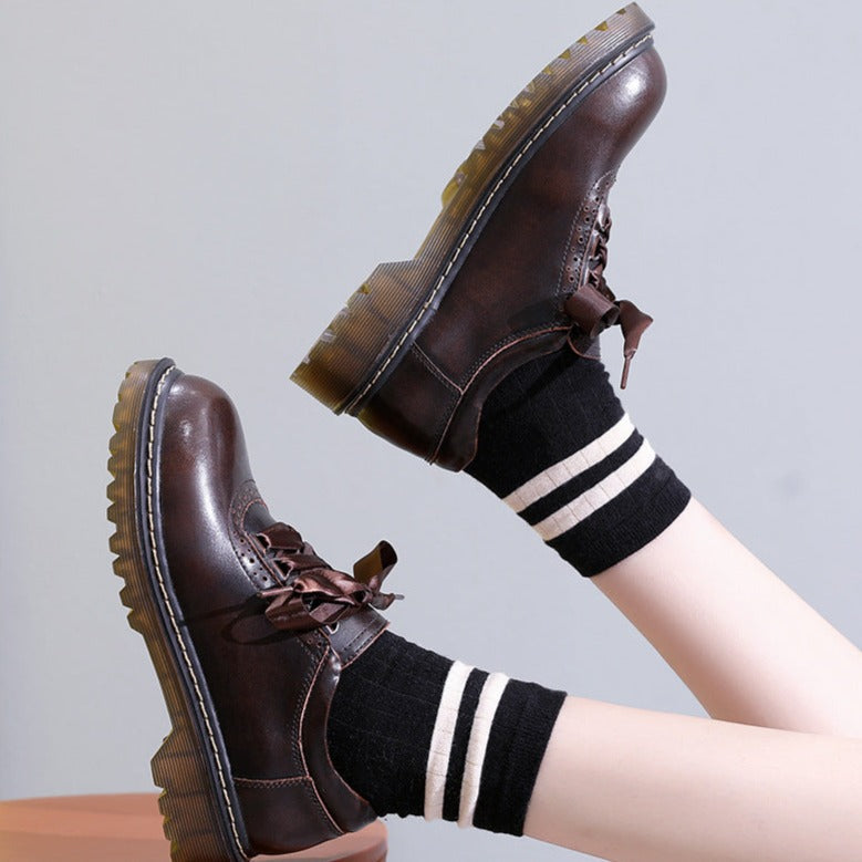 Womens Round Toe Retro Lace Up Flats Comfortable Oxford Shoes