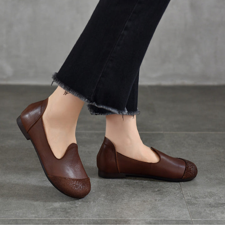 Handmade Leather Vintage Round Toe Patchwork Ballet Flat Shoes Women's Shoes