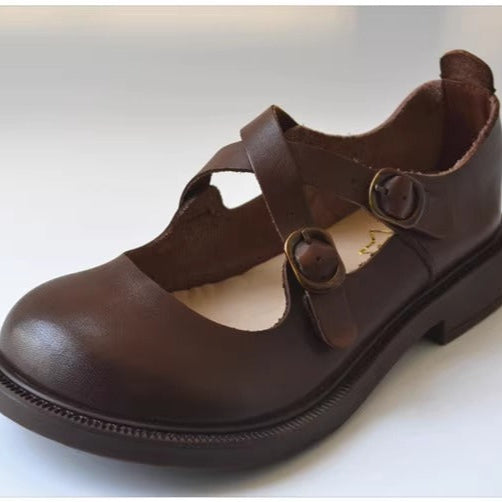 Women's Wide Fit Mary Jane Leather Flats – Handmade with Buckle Strap – Comfort Shoes
