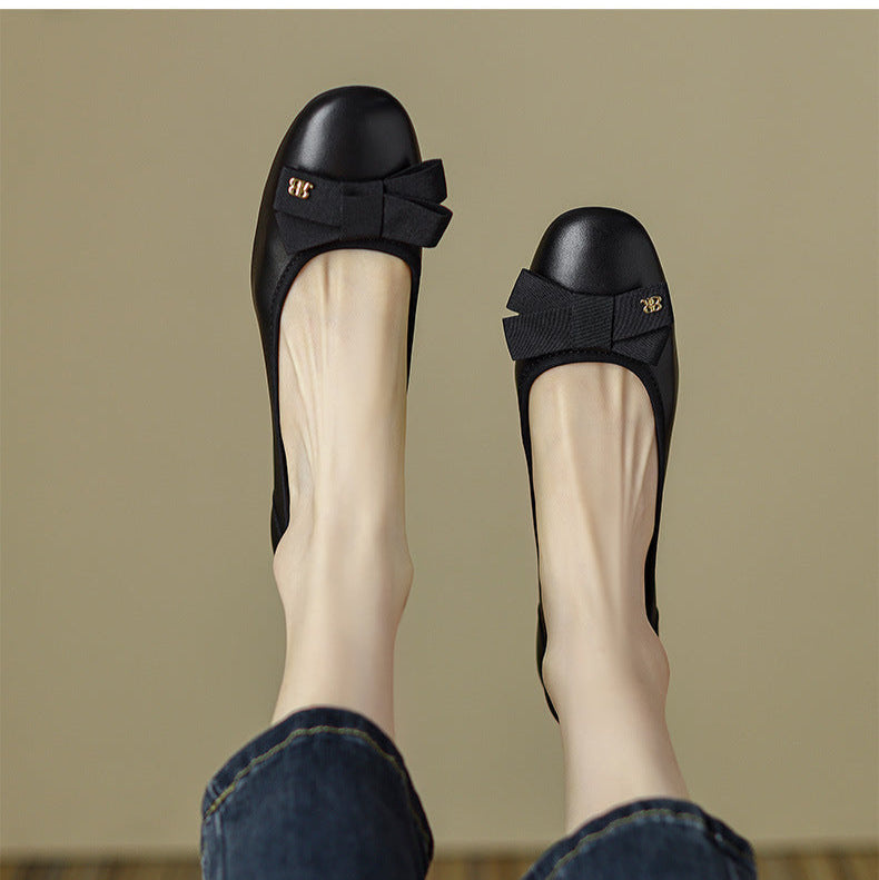 Women's Leather Ballet Flats - Round Toe with Elegant Bow Detail