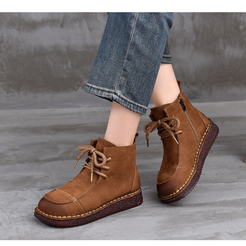 Women's Vintage Leather Ankle Boots – Soft Flat Lace-Up Zipper Short Shoes