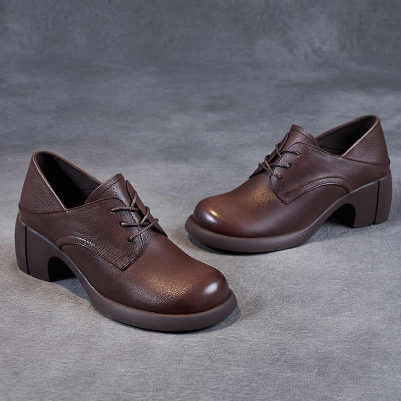 Women's Leather Retro Lace-up Block Heel Oxford Shoes