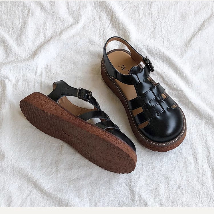 Women's Leather Closed Toe Round Sandals – Casual Summer Comfort Shoes